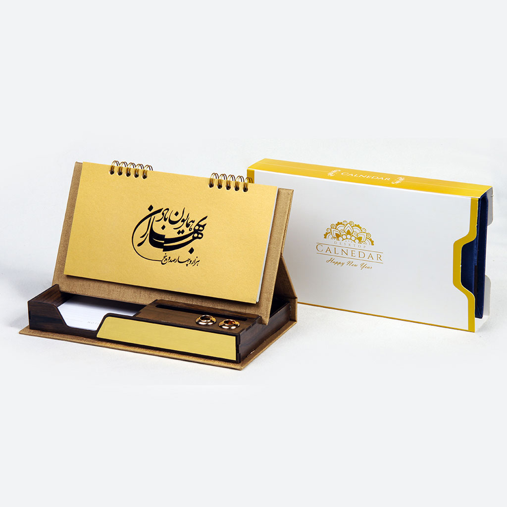 تقویم رومیزی تبلیغاتی ۱۴۰۵ پایه چوبی طرح خاتم بزرگ کد 7065