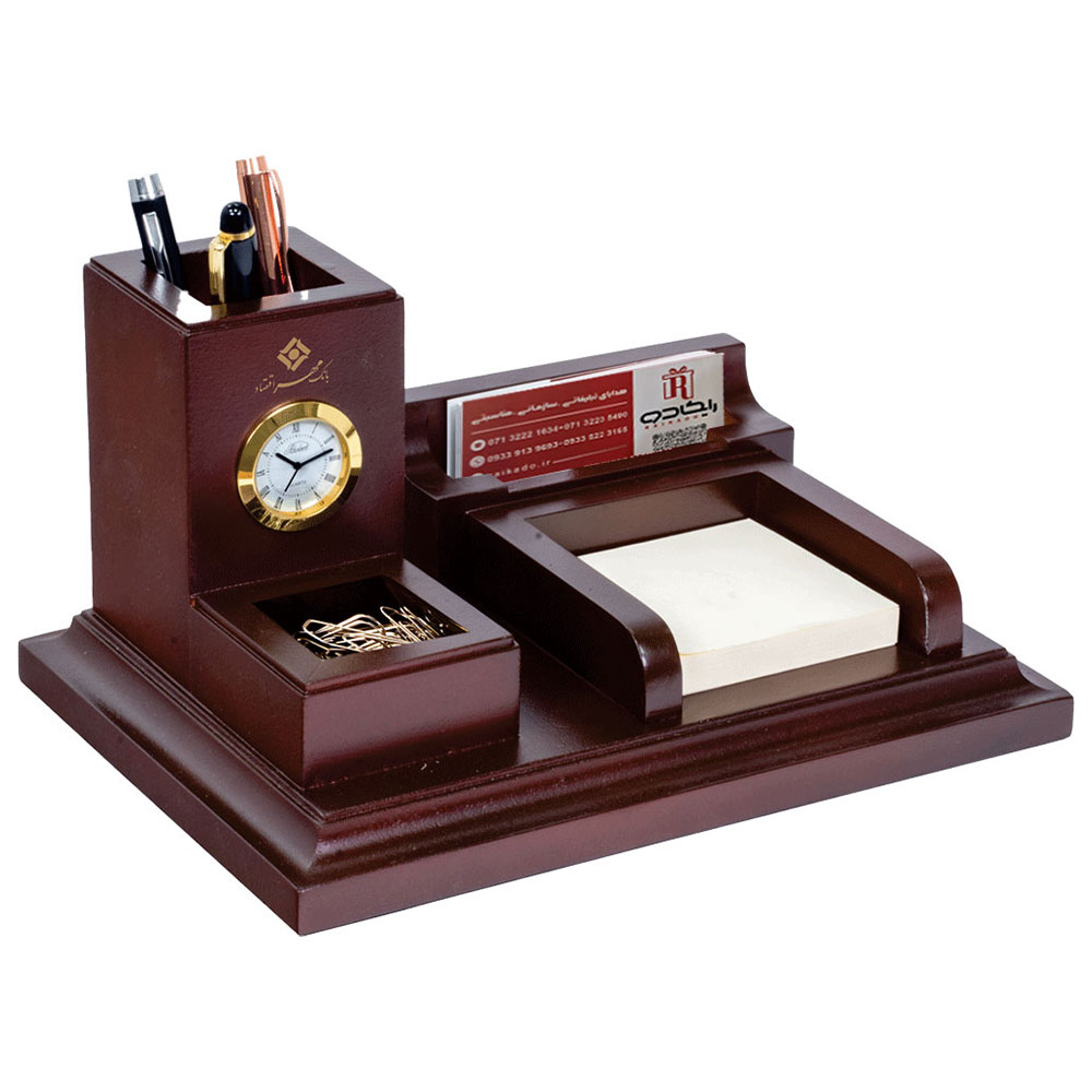 ست رومیزی ساعت، جاقلمی، جایادداشتی و جاکارتی چوبی کد SR-100 - تصویر 1