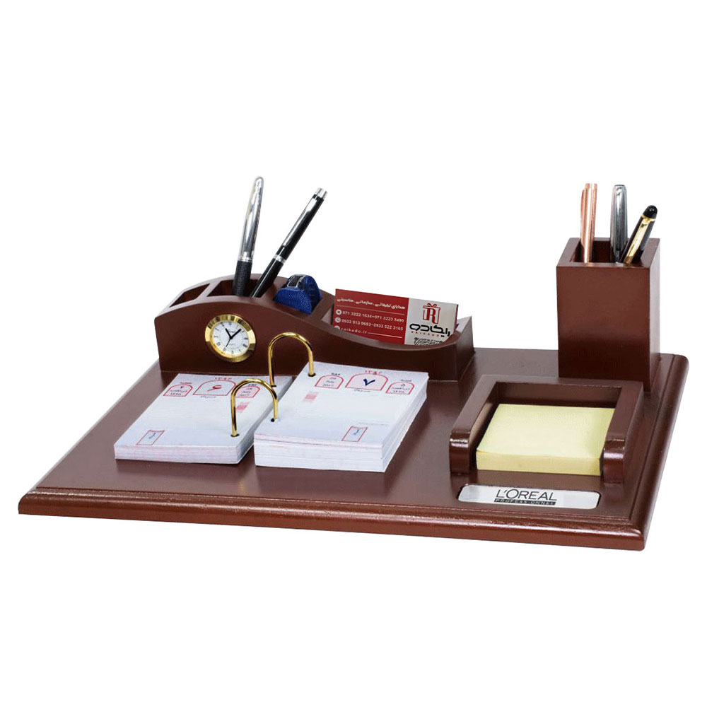 ست رومیزی ساعت، جاکارتی، جاقلمی و جایادداشتی چوبی کد SR-114 - تصویر 1